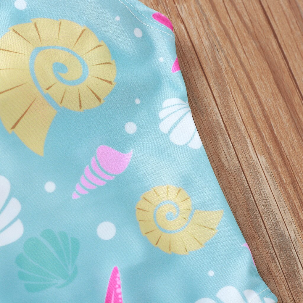 Swimsuit For Girls One-Piece Sleeveless Cartoon Print Ruffle Shoulder Strap Bikini Beachwear Bathing Children's Swimwear