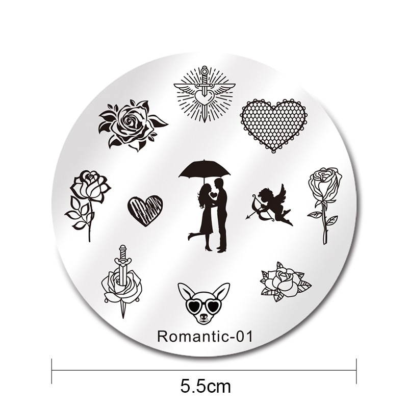 NICOLE DIARY Round Stamping Plate Valentine Series Rose Manicure Nail Art Stamp Image Plate Romantic-01