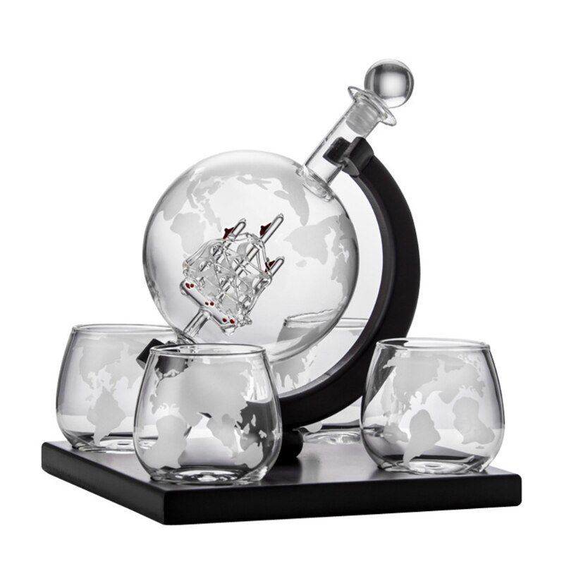 Whiskey Decanter Globe Set with 4 Etched Globe Whisky Glasses - for Liquor