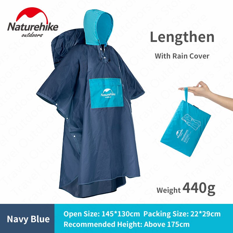 Naturehike Outdoor Hiking Poncho Portable Raincoat Ultraight Rainproof Windproof Climbing Poncho With Backpack Rain Cover: Navy Blue-L