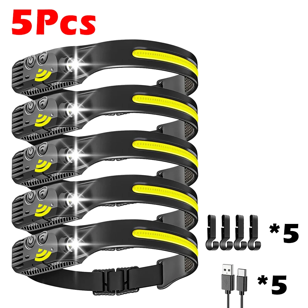 USB Rechargeable LED Sensor Headlamp XPE+COB Headlight Led Head Torch Camping Search Light Head Flashlight for Fishing Lantern: Yellow