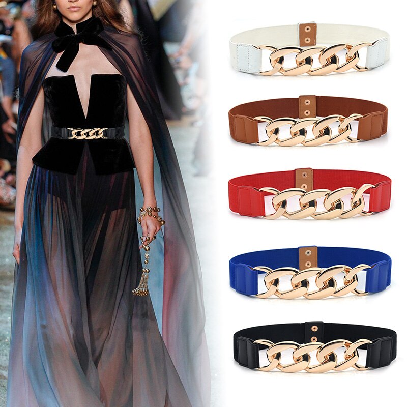 Gold Color Chain Buckle Waist Belt for Dress ElasticWide Ladies Belt All-match Coat Sweater Women Belt Waistband