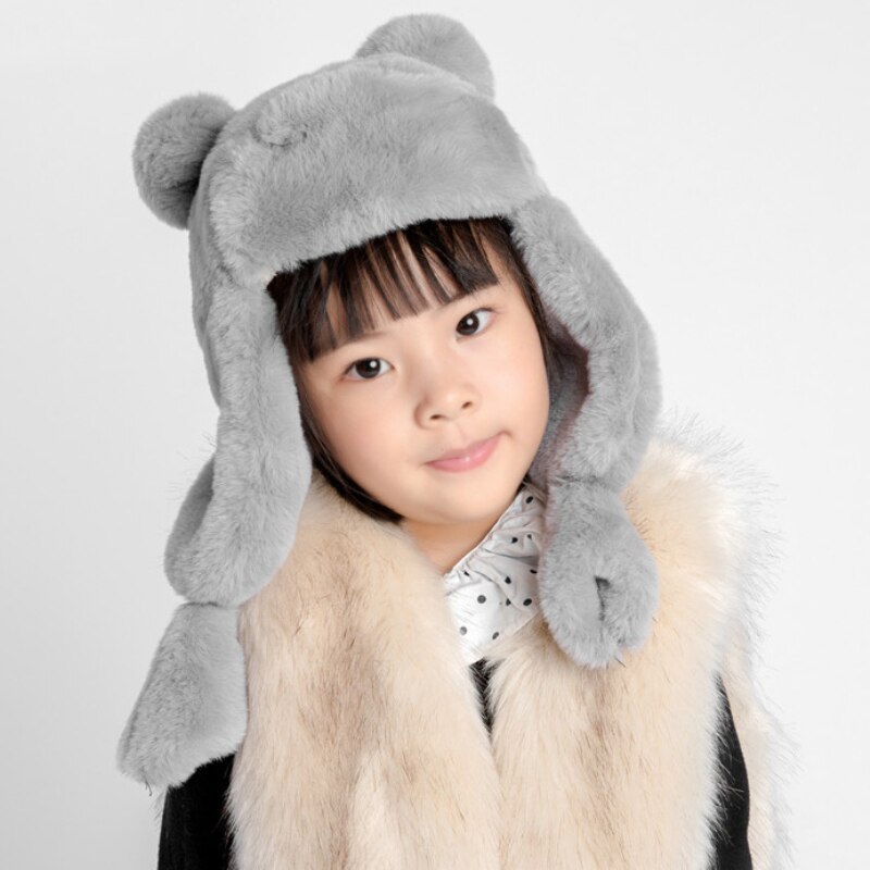 Girls Bomber Hat Faux Fur Hats Winter Windproof Warm Ear Protect Bomber Russian Ushanka Cap
