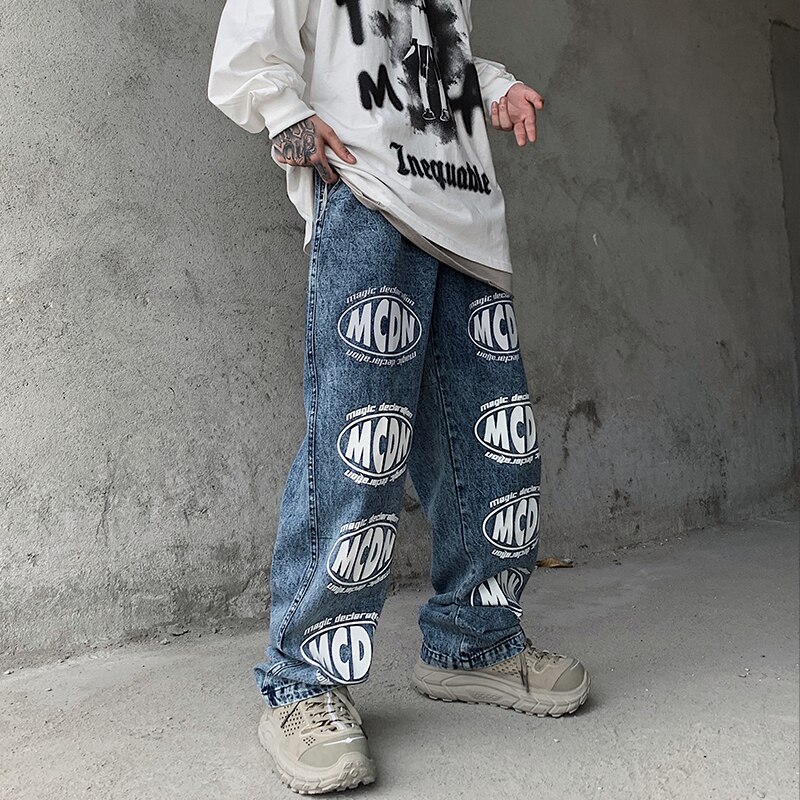 UNCLEDONJM Reflective letter jeans men hiphop high street denim jeans streetwear men graffiti jeans men clothing ED-Y802