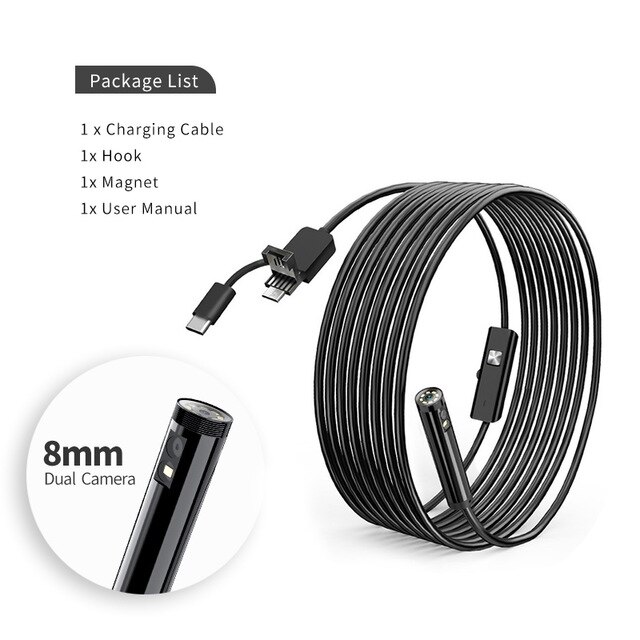 Newest 1080P USB Snake Dual Lens Inspection Camera 2.0 MP IP67 USB Type-C Endoscope with 8 LED for Samsung Huawei Xiaomi PC: white / 1M