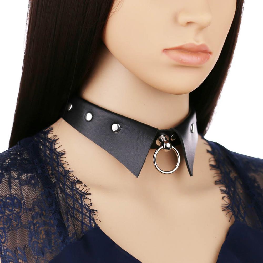 Punk Goth Faux Lapel Shirt Collar PU Leather Pendants Round Choker Necklace