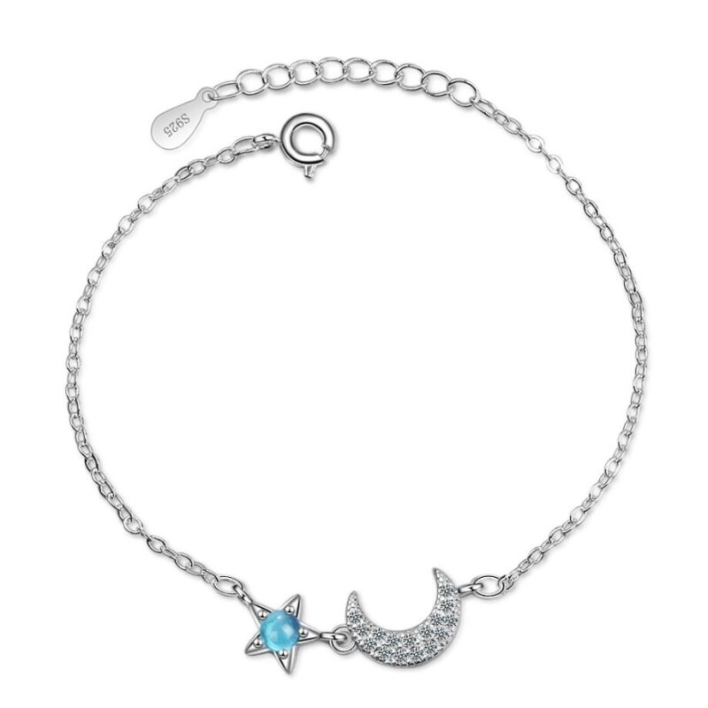 Estrelas de cristal azul lua bonito 925 prata esterlina temperamento feminino na moda pulseiras redimensionáveis sbr082