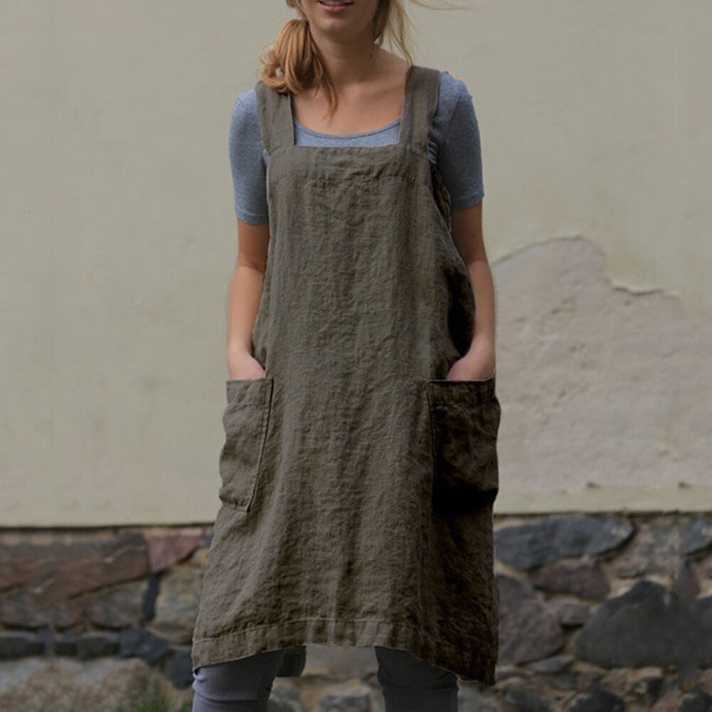 Women Bib Apron Kitchen Solid Florist Home Cooking Sleeveless Cotton Linen Cleaning Chef Household Baking Washable Pinafores