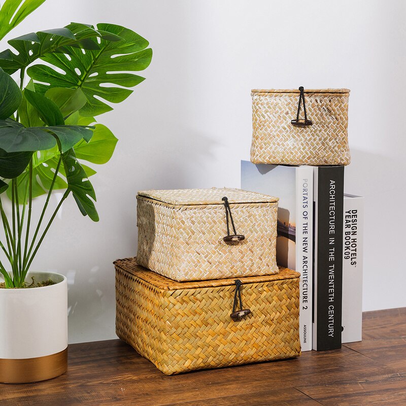 Wicker Storage Box with Lid Seagrass Woven Storage Baskets Handmade Cosmetic Jewelry Container for Home Bathroom Hotel Supplies
