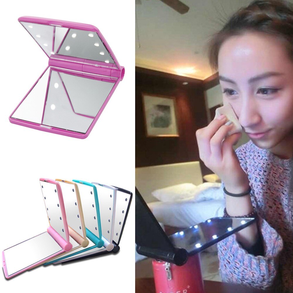 1PC Women Travel Portable Pocket Make Up Mirror with 8 LED Lights Cosmetic Folding Compact Makeup Tool Ladies Nice