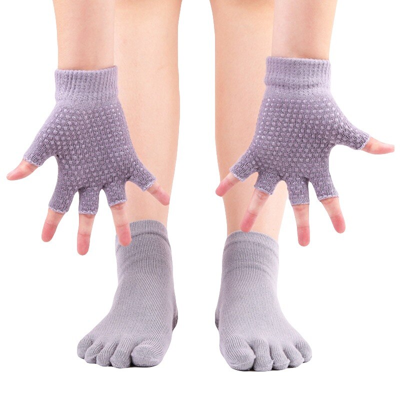 1 paire de chaussettes d'orteil de Yoga ensemble de gants antidérapants complet doigt chaussettes gants costume coton absorbant la sueur chaussettes de sport: Gris