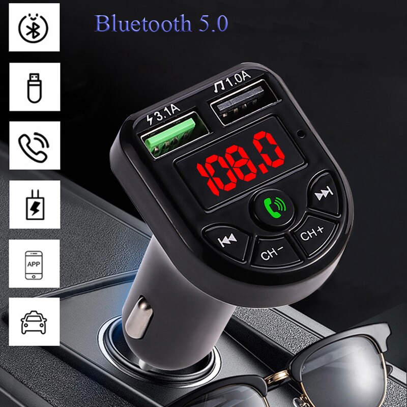 Elistooop FM Transmitter Car Kit MP3 Modulator Player Wireless Bluetooth 5.0 Handsfree Audio Receiver 3.1A Dual USB Fast Charger