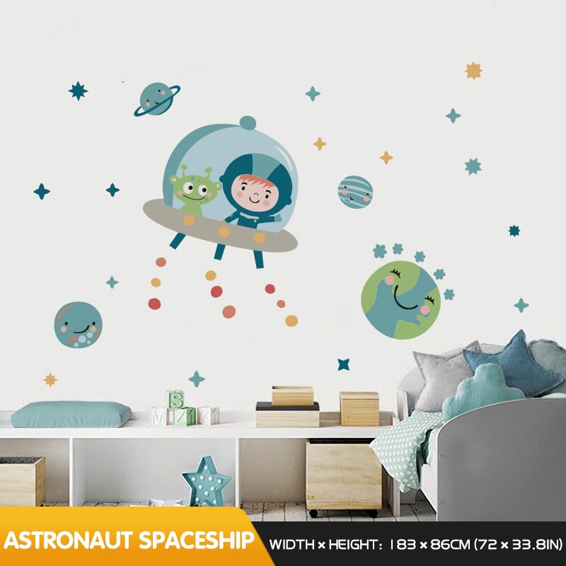 Happy flying cartoon wall sticker kids room decoration baby bedroom decor living room wall self-adhesive stickers home decor: Astronaut spaceship