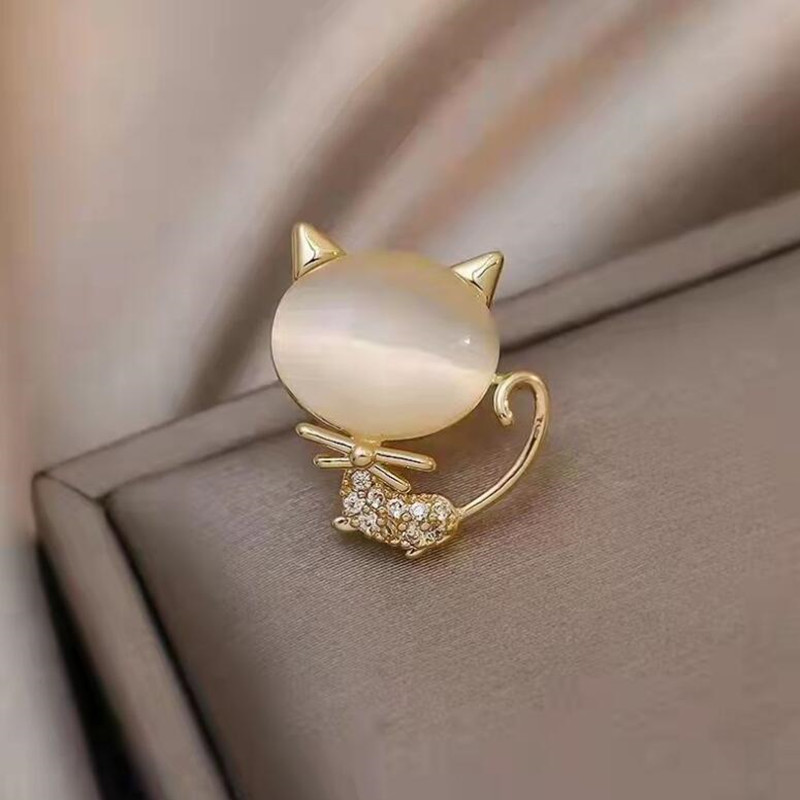 Broches de chat en opale pour femme, chaton mignon, épingle à revers en cristal, bouton de collier, robe de soirée, protection du col