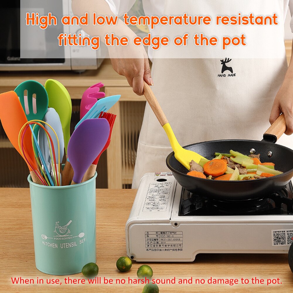 12pcs Kitchen Silicone Cooking Utensils Set High Temperature Resistance Non-stick Spatula Shovel Wooden Handle with Storage Box: Default Title