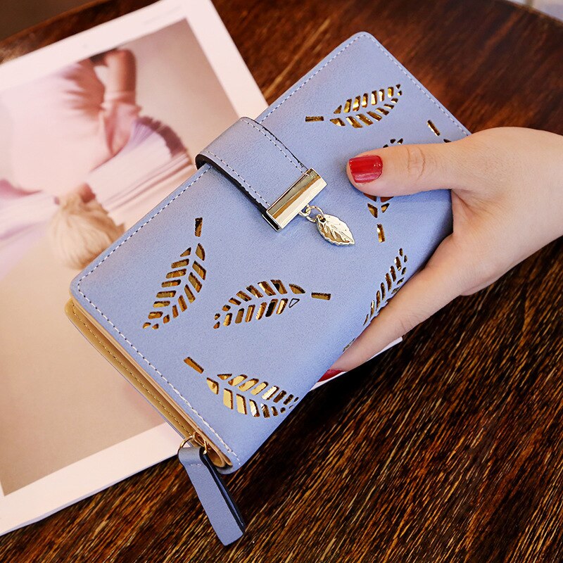 Women Wallet PU Leather Purse Female Long Wallet Gold Hollow Leaves Pouch Handbag For Women Coin Purse Card Holders Clutch: Blue-1