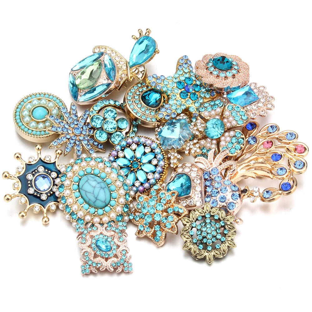 10 pz/lotto all'ingrosso Snap gioielli MIX metallo scatta strass fiore 18mm bottoni a pressione misura in pelle Snap braccialetto del braccialetto: gold (Blue-3)