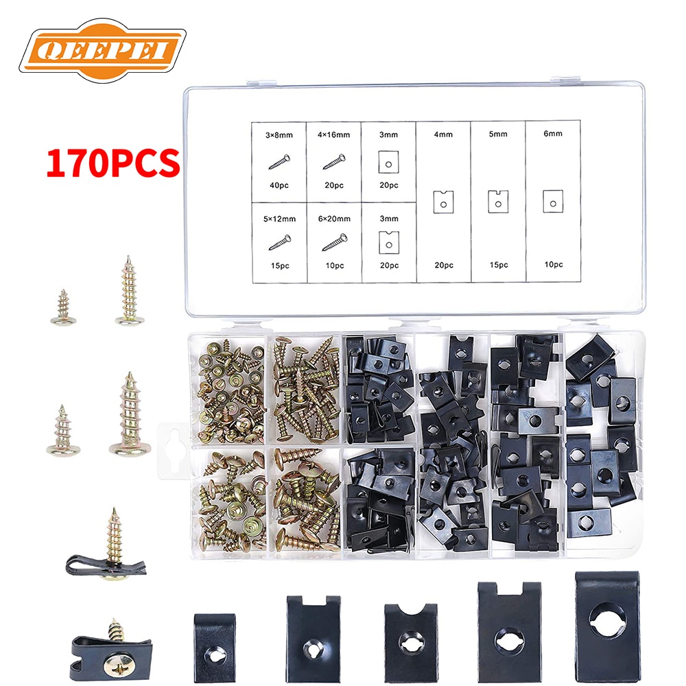 QEEPEI 170PCS Car U Clip with Screw Assortment Kit Automotive U Nut Screw Clip Metal Body Panel Clip Fasteners