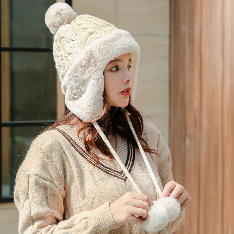Gorro de lana con orejeras para mujer, pompón de piel de conejo, grueso, cálido, tejido frío, informal, Invierno