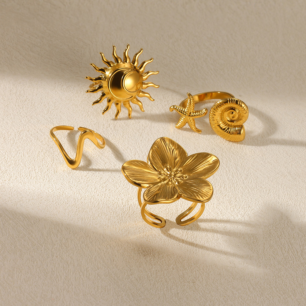 Bagues élégantes en acier inoxydable pour femmes, grande fleur, couleur or, soleil, étoile de mer, anneau ouvert, bijoux de doigt, de mariage, Punk