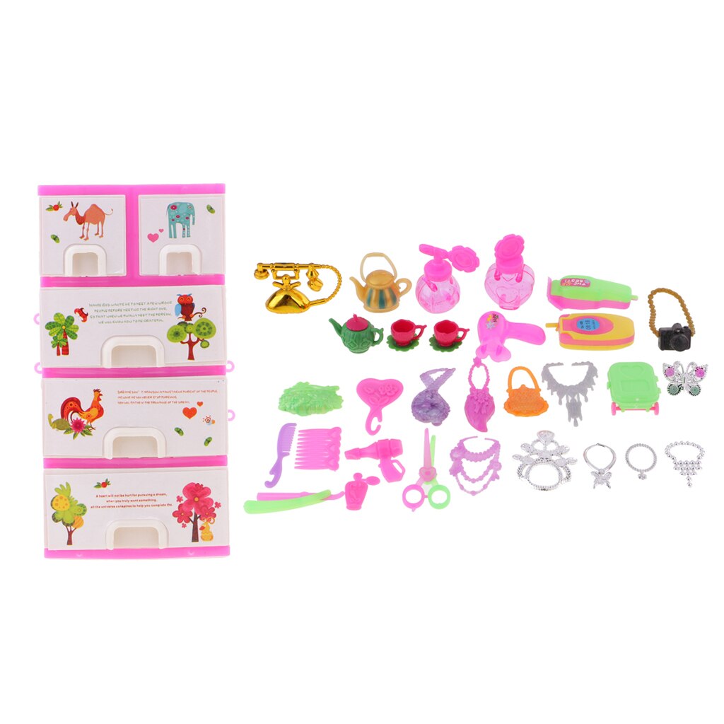 31 pieces/Set Dolls Storage Cabinet Makeup Tea Set Dress Up Doll House Accs