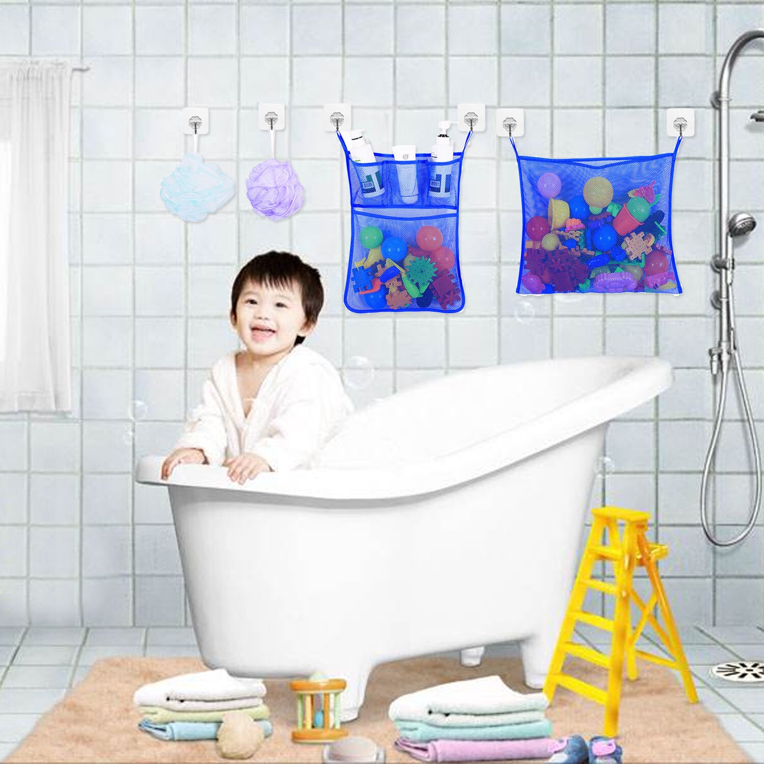 Behogar 2cps siatka łazienka uchwyt na zabawki organizator kąpieli wanna kuchnia wiszące przechowywania torba siatkowa prysznic Cubby z 6 sztuk przyssawki