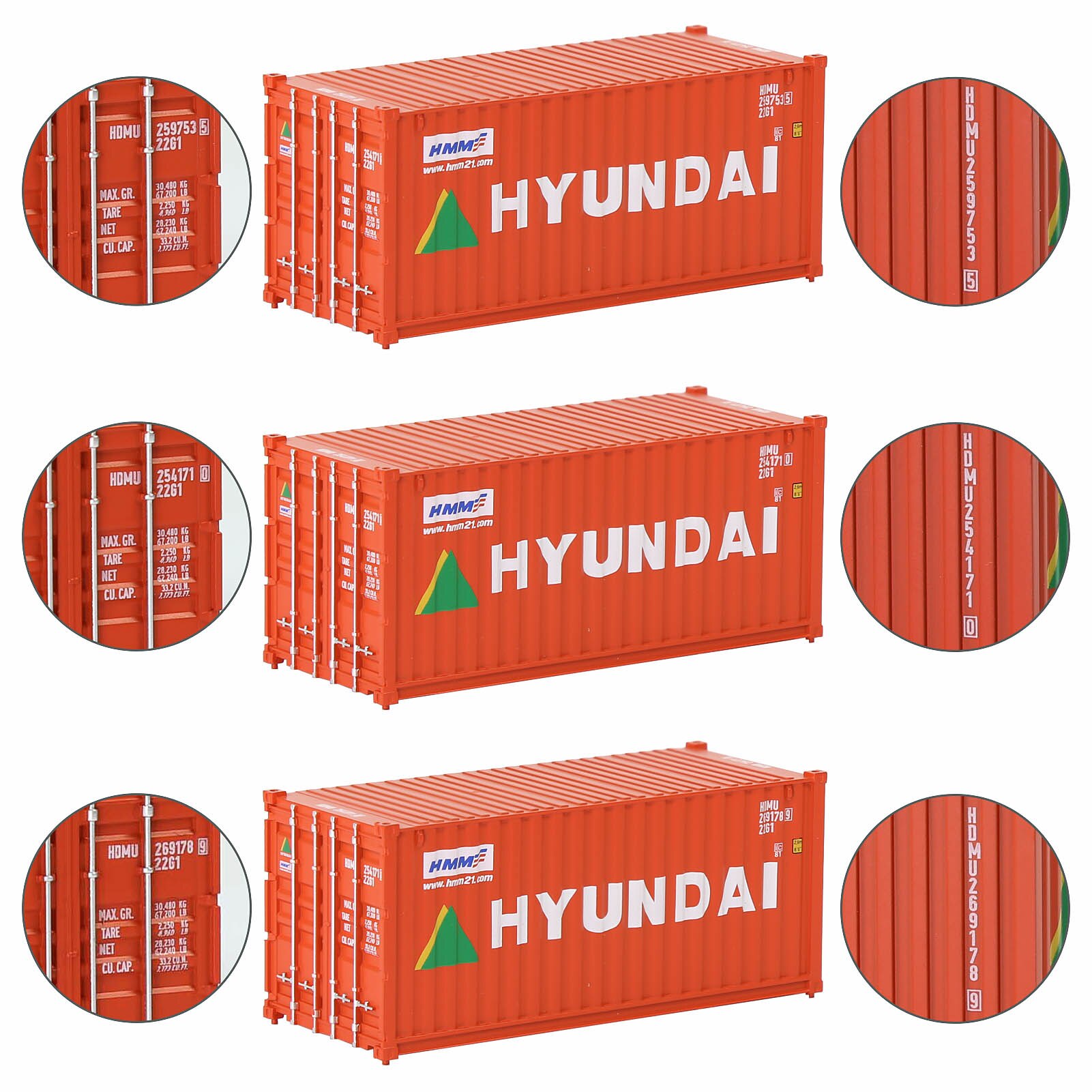 3pcs Mixed HO Scale 1:87 20ft 20&#39; Contaniers Cargo Box Wagons with Different Road Name Model Railway Layout C8726: 3pcs HYUNDAI