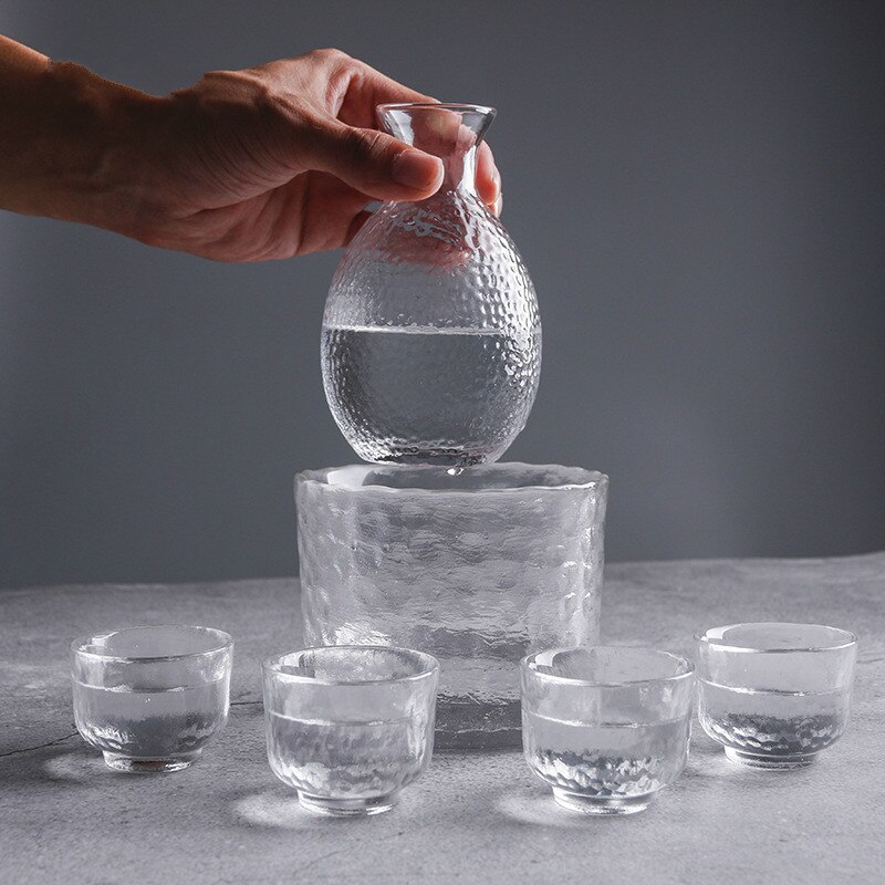 Japanese Style Glass Sake Bottle Wine Glass Set Transparent Hammer Pattern White Wine Glass Small Sake Cup Shochu Bottle