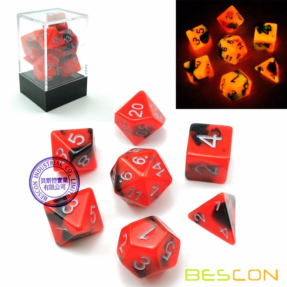 Bescon Two-Tone Glow-in-the-Dark Polyhedral Dice Set ROCKS, Luminous RPG Dice Set d4 d6 d8 d10 d12 d20 d% Brick Box Pack