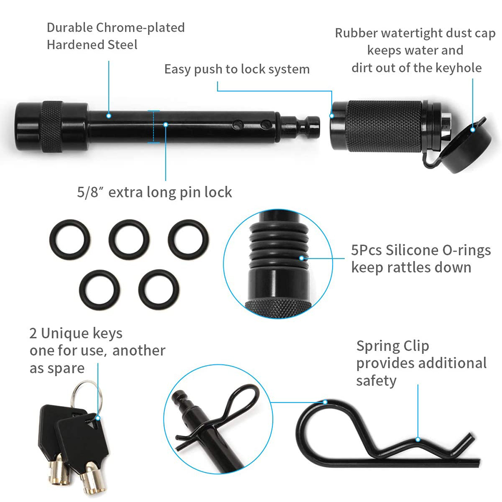 Trailer Hitch Lock Pin Set, 5/8" Black Tow Hitch Receiver Lock with Anti-Rattle, Extra-Long Locking Hitch Pin with Heavy Duty