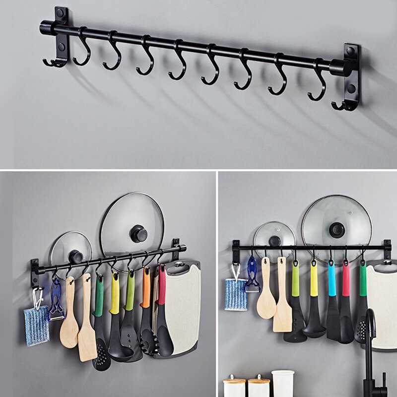 Kitchen Utensil Hook Rack Aluminum Wall Mounted Pantry Tool Holder Black Bathroom Sundry Hook Hanging Rod Shelf Organizer