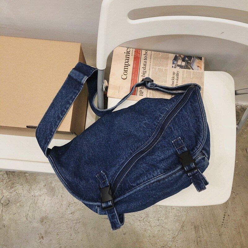 Denim dame- og #39 ;s skuldertasker stor kapacitet messenger bag jeans dame håndtasker afslappet stor rejsetaske blå hobos: Mørkeblå