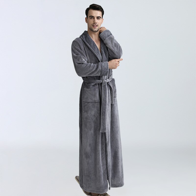 Men's Long Winter Bathrobe Soft Warm Flannel Pure Color Hotel Robe Red Wedding Robes Court Style Pajamas: Dark Grey / XL