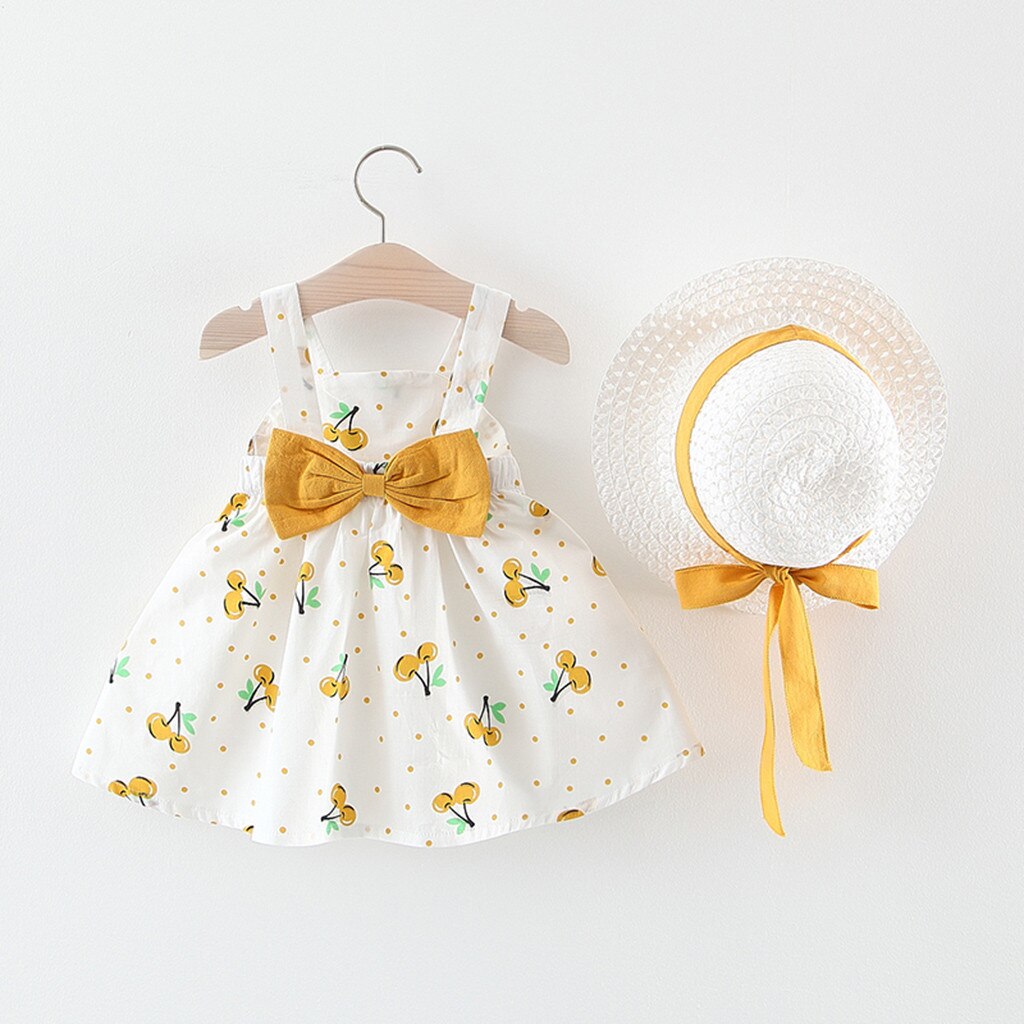Robes pour bébés filles | Ensemble de 2 pièces, avec chapeau, sans manches, imprimé de fleurs, avec nœud, tenue princesse pour fête d'anniversaire, 20Jan3