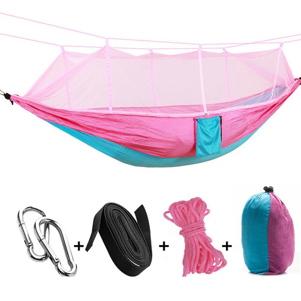 Hamaca doble portátil ultraligera, mosquitera de paracaídas con mordeduras antimosquitos para tienda de campaña al aire libre: Pink SkyBlue