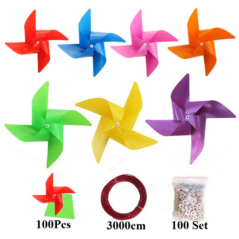 Molinillo de plástico resistente al agua para niños, 100 piezas + 30M de cuerda de alambre + ajuste, resistente al agua, molino de viento, juguetes de decoración para jardín, césped, , juguete de