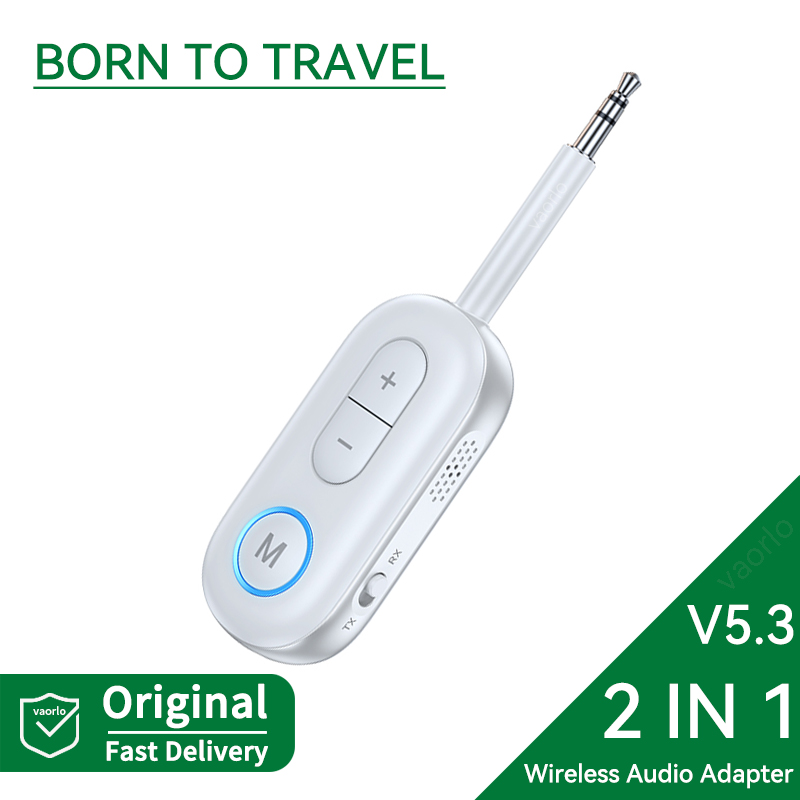 VAORLO 2 en 1 Bluetooth 5.3 Transmisor Receptor de Audio 3.5MM AUX Hifi Estéreo Adaptador Inalámbrico de Música con Micrófono para Coche Avión TV PC Auriculares Altavoz: Rojo