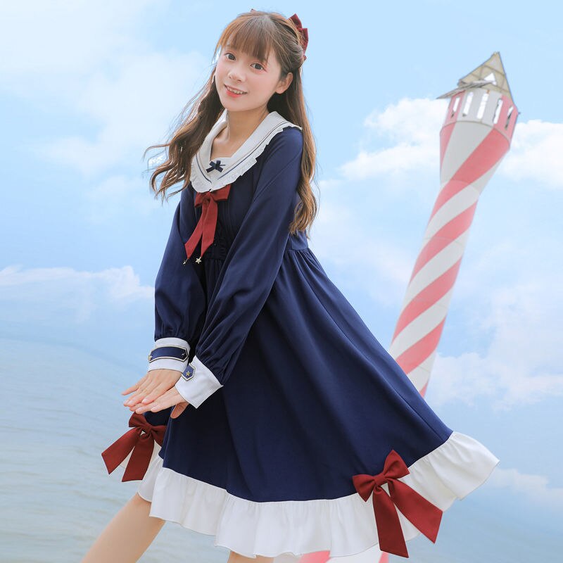 Vestido de estilo japonés para mujer, uniforme de manga larga con cuello de Sailor Jk, lazo dulce con volantes, Lolita
