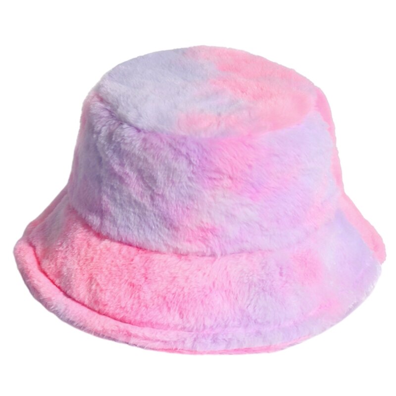 Women Winter Rainbow Colorful Tie Dye Bucket Hat Fluffy Fuzzy Plush Short Brim Sunscreen Thick Warm Panama Fisherman Cap: 4