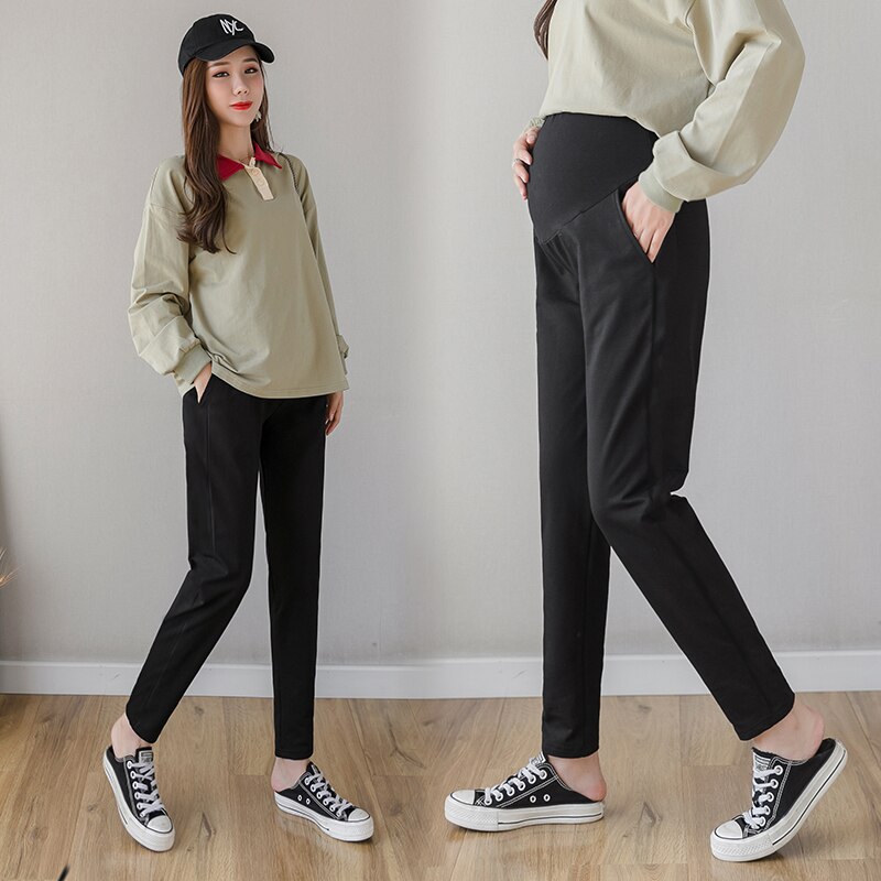 809#  efterårs sorte graviditetsbukser højtaljede mavebukser tøj til gravide kvinder 3xl plus size graviditets fritidsbukser