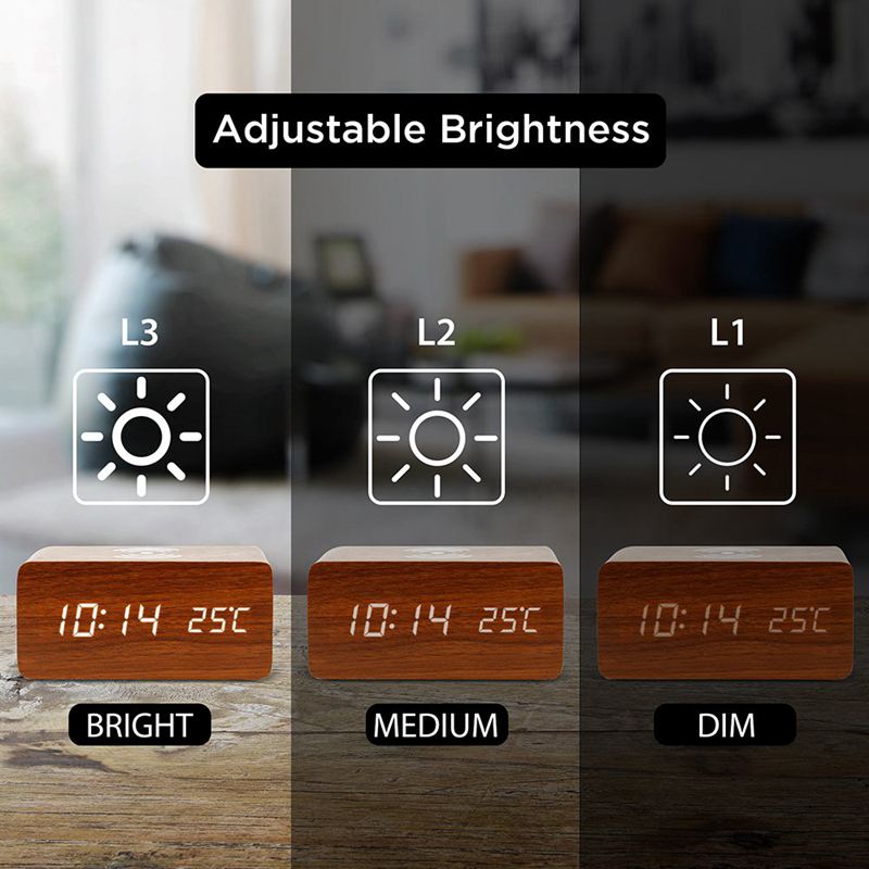 Relógio despertador com para qi almofada de carregamento sem fio compatível com para iphone samsung madeira led relógio digital função de controle de som,