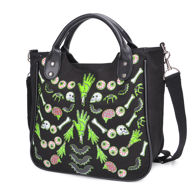 JIEROTYX Canvas Tote Bag - Cartoon Gothic Floral Print - Women's Shoulder Handbag - Casual Punk Style - 40x36x14cm