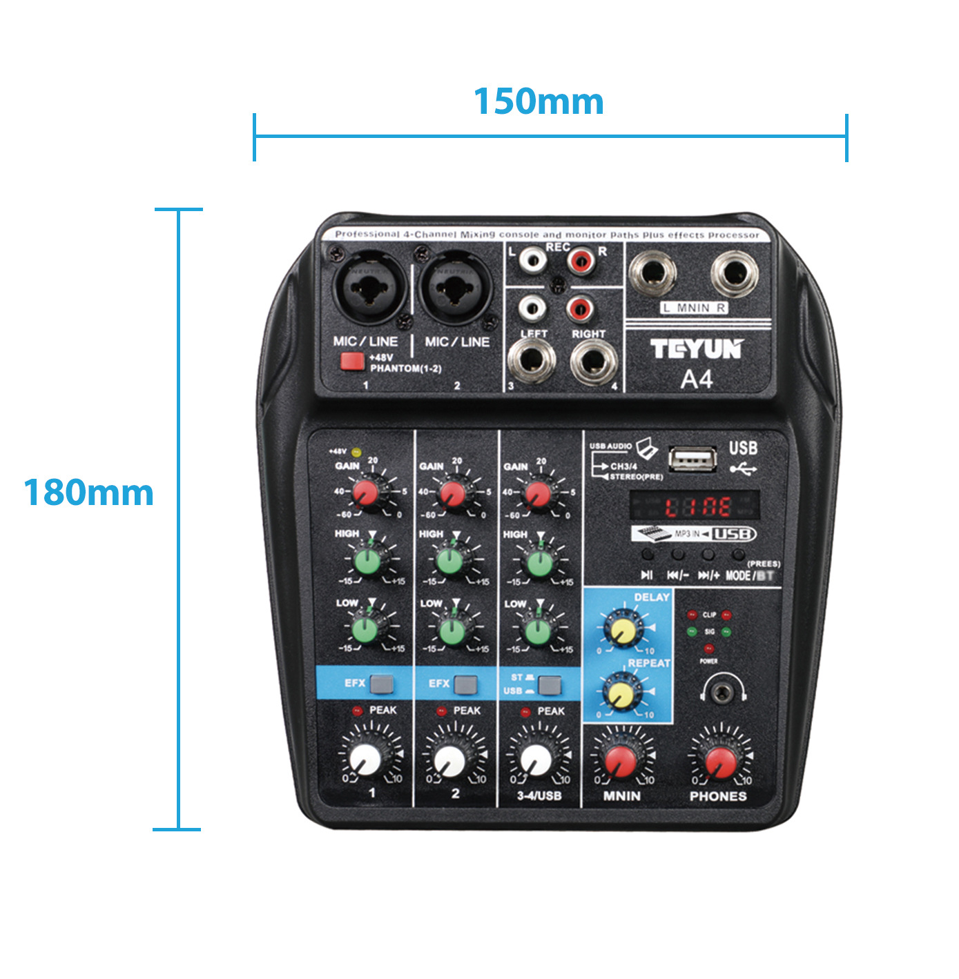 TEYUN A4 Console di missaggio Audio 4 canali Mixer Audio USB Bluetooth USB Record Computer 48V Phantom ritardo alimentazione effetto Repaeat