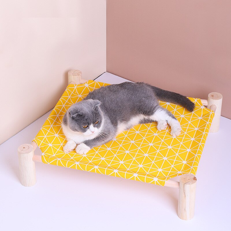 Hamaca de cuatro esquinas de madera maciza para gato, casa de lona, nido para gato, cama extraíble para perro y gato