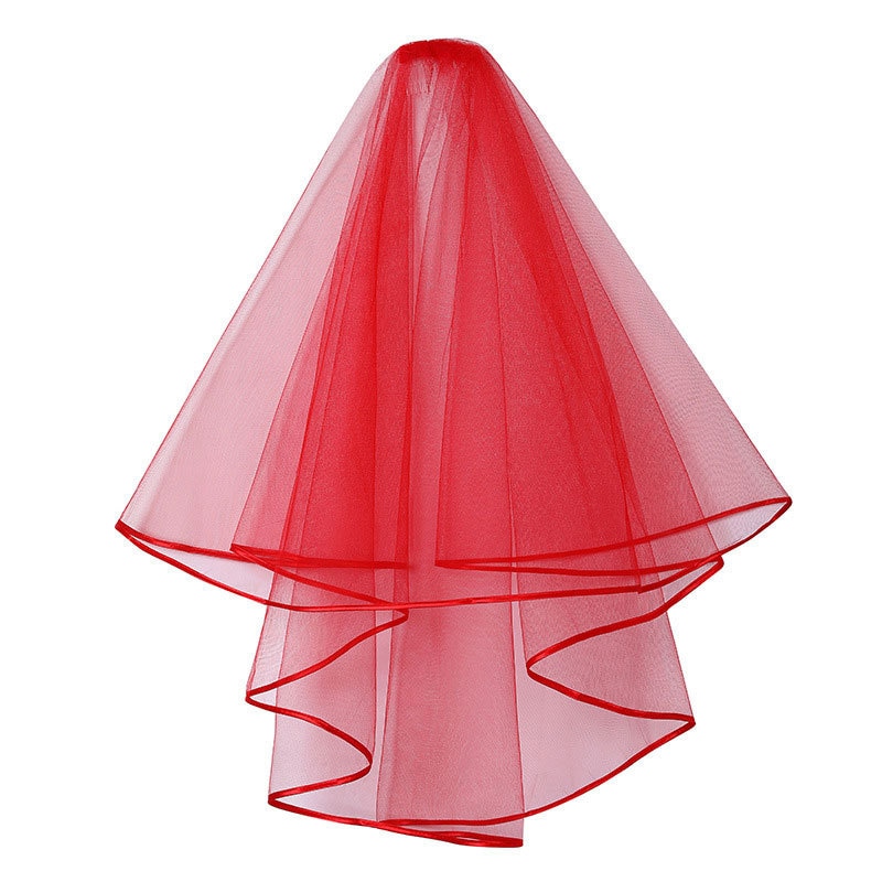 White Ivory Red Black Pink Wedding Veils With Comb Ribbon Edge Bridal Veils 2 Layer Bride Accessories Voile Mariage Welon Slubny