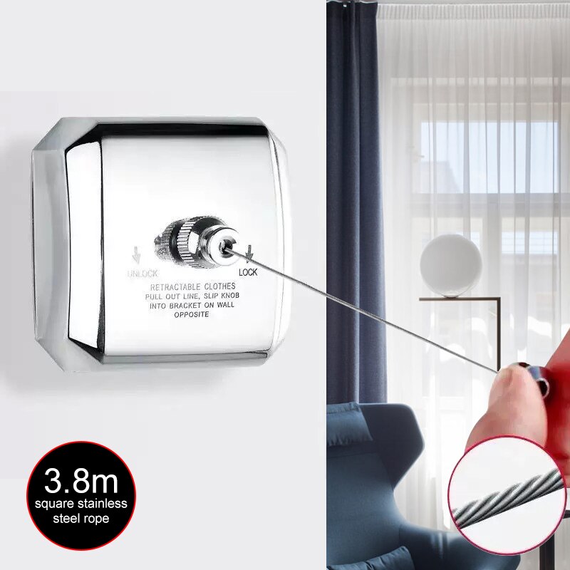 Punch-free Clothes Drying Rack Rope Home Storage Stainless Steel Retractable Clotheslines Clothes Dryer Organiser Laundry Hanger: 3.8m Square Wire