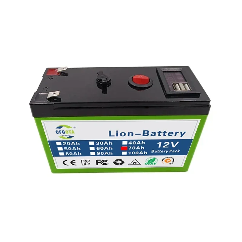 12V Battery Pack 70Ah LiFePO4 Lithium Battery 12V Portable Rechargeable Battery Built-in 5V 2.1A Usb Power Display Port Charging