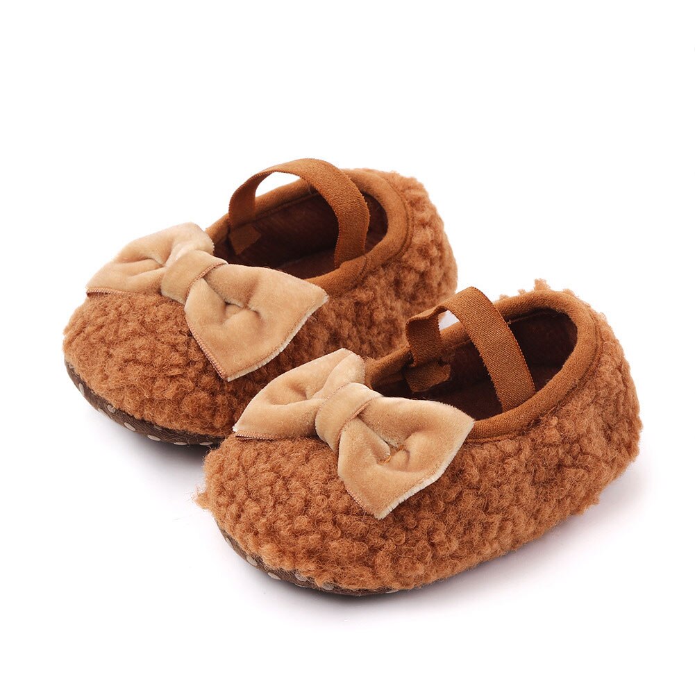 Baby Boys Girls Fleece Slippers Soft Sole Crib Shoes With Bow Anti-Slip Fleece Solid Color Toddler First Walker Shoes: Brown / 7-12 Months