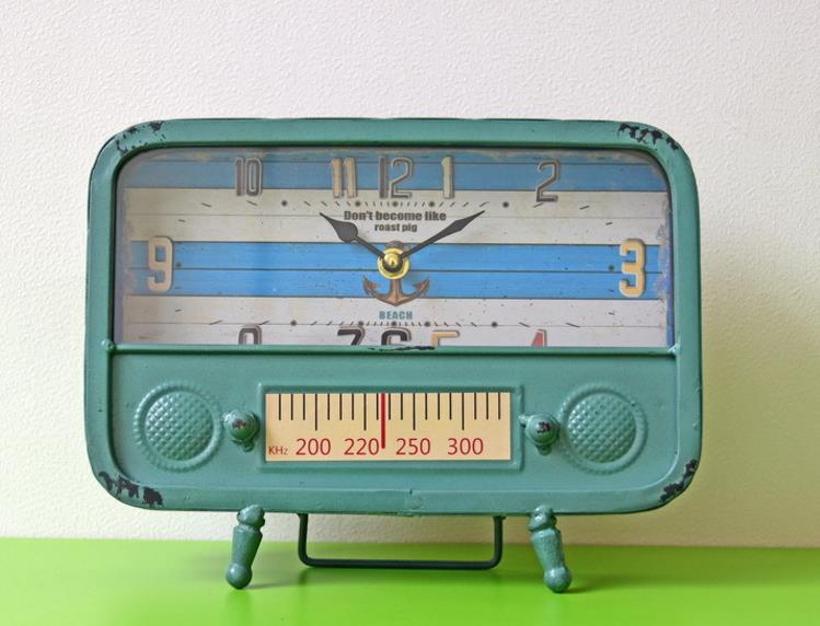 Metallklocka retro nostalgisk radiojärn metallbordsklockor termometer dispaly timer sovrum studie kontor antik dekor klocka