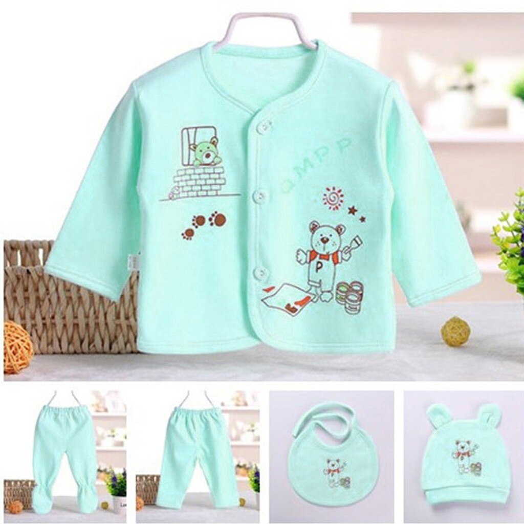 5Pcs Pasgeboren Nachtkleding Set Baby Jongen Meisje Cartoon Lange Mouwen Tops + Hoed + Broek + Bib Outfit Sets pasgeboren Kleding Детская Одежда